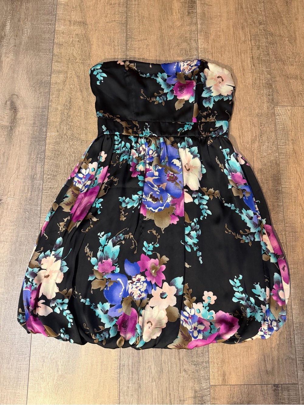 Strapless Black Floral Bubble-Hem Dress with Teal, Purple & Cream Flowers
